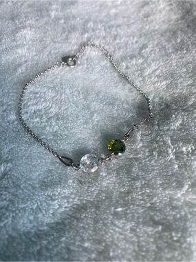 Delicate Silver Chain Bracelet with Clear and Olive Green Stones